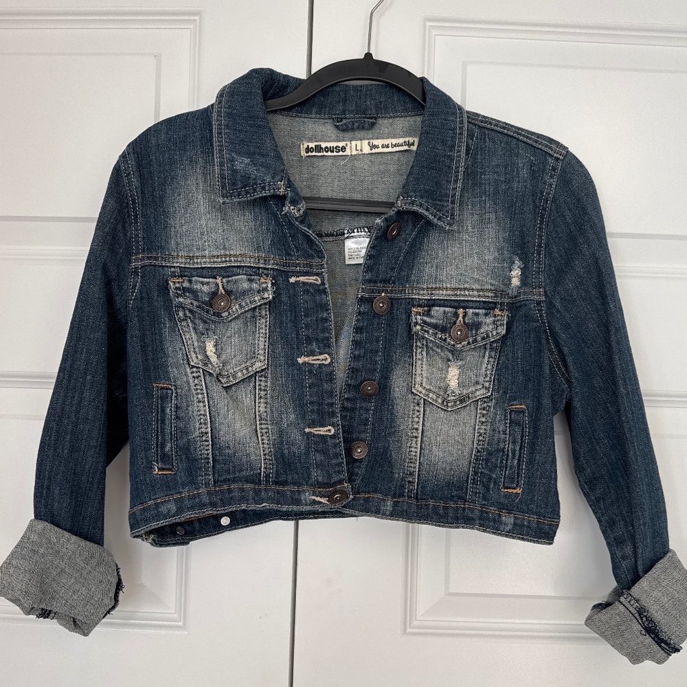 Dollhouse Dark Blue Distressed Cropped Denim Jacket. Fits like a medium